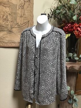 Talbots Black and White Floral Print Blouse